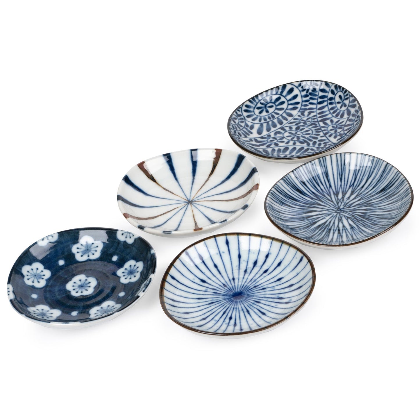 Aizome five-piece Japanese mini plate gift set with blue and white patterns