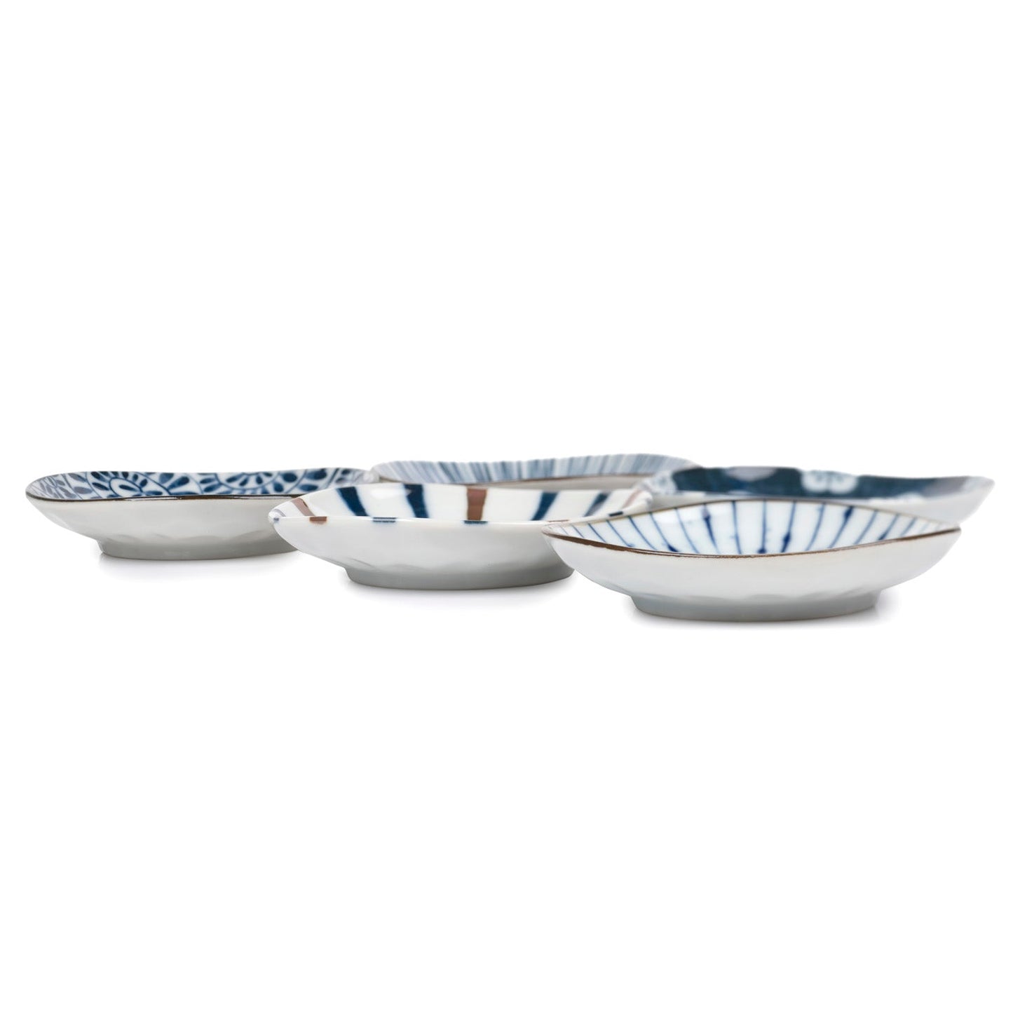 Side view of five Aizome Japanese porcelain mini plates