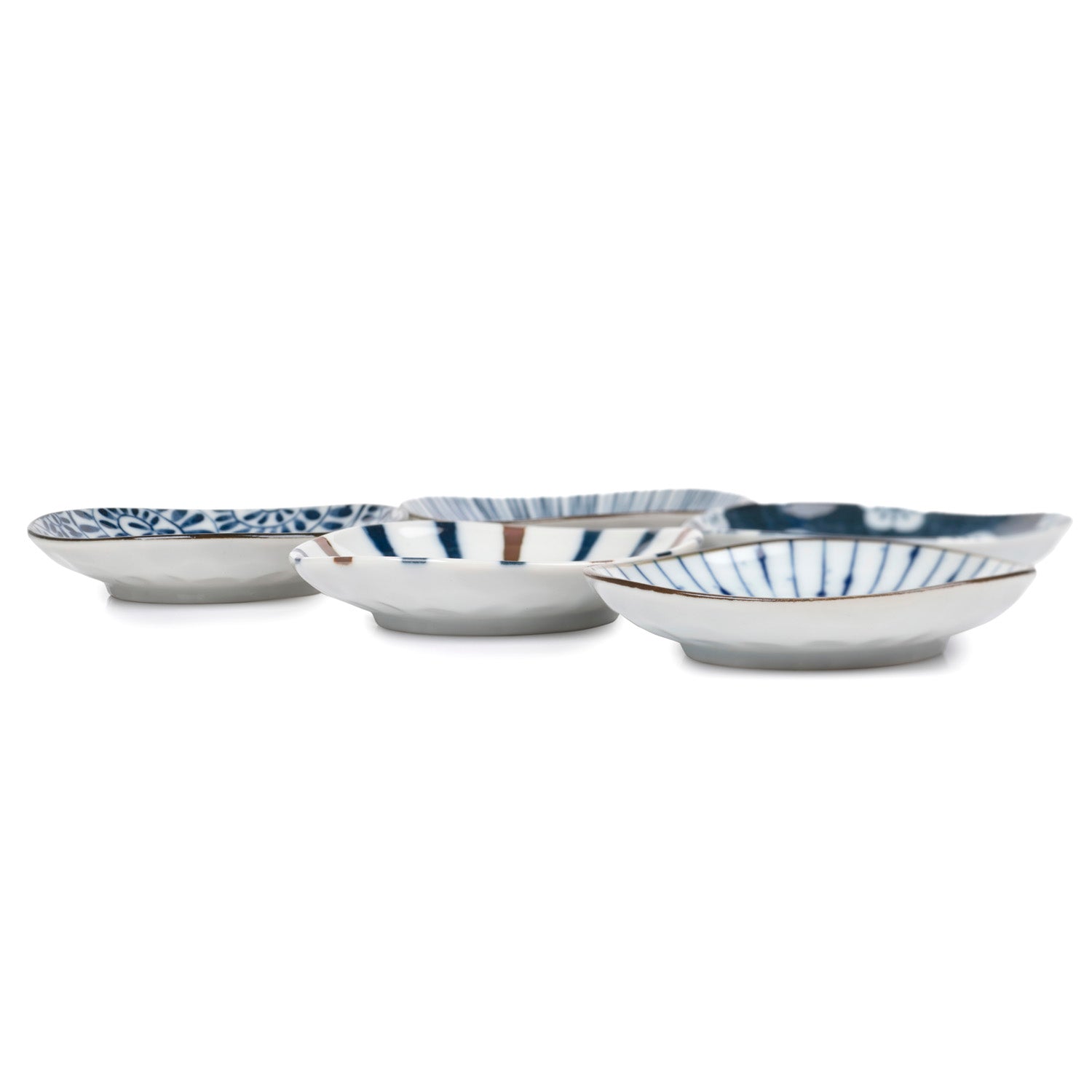 Side view of five Aizome Japanese porcelain mini plates