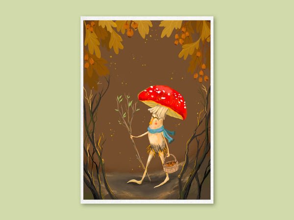 Art Print - Mushroom Wanderer - Cute illustration, wall art (A5) - Mu Shop