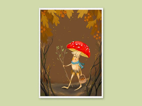 Art Print - Mushroom Wanderer - Cute illustration, wall art (A5) - Mu Shop