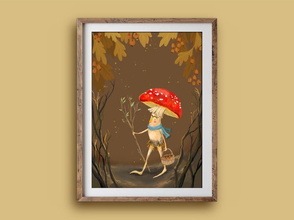 Art Print - Mushroom Wanderer - Cute illustration, wall art (A5) - Mu Shop