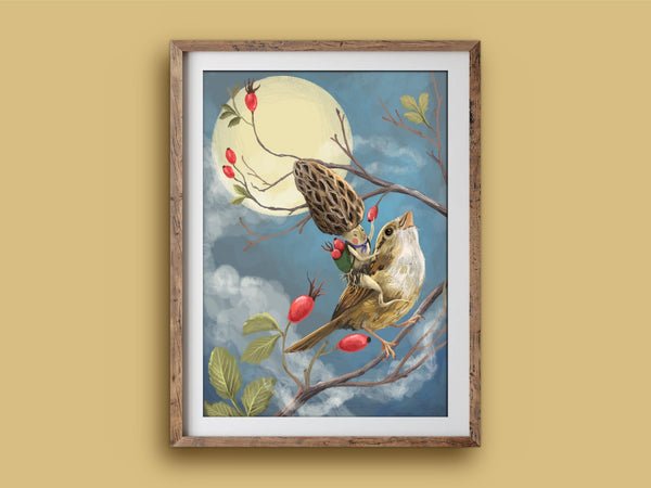 Art Print - Sparrow Rider - Whimsical illustration, wall art (A3) - Mu Shop