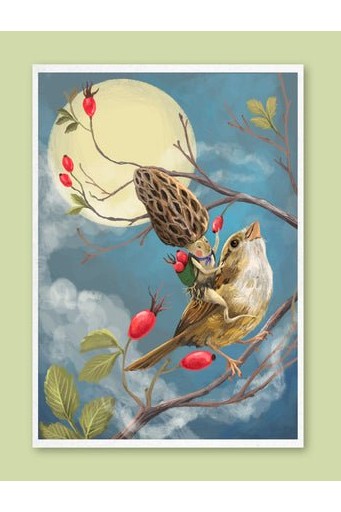 Art Print - Sparrow Rider - Whimsical illustration, wall art (A3) - Mu Shop