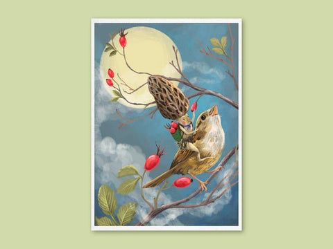 Art Print - Sparrow Rider - Whimsical illustration, wall art (A3) - Mu Shop