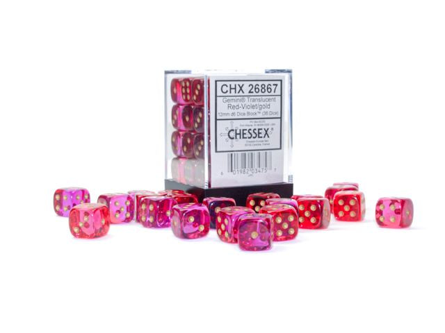 Gemini 12mm d6 Translucent Red-Violet/Gold Dice Block (36 Dice)