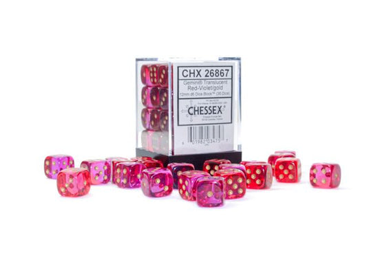 Gemini 12mm d6 Translucent Red-Violet/Gold Dice Block (36 Dice)