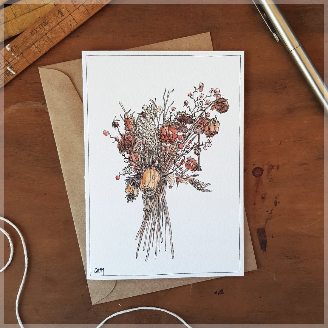 Dried Bouquet Red - Greeting Card - Mu Shop