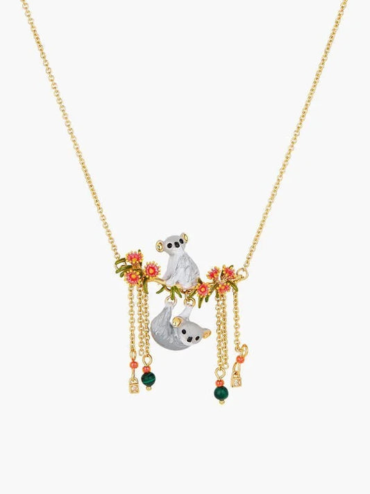 Duo of Koalas, Pink Eucalyptus and Malachite Beads Statement Necklace