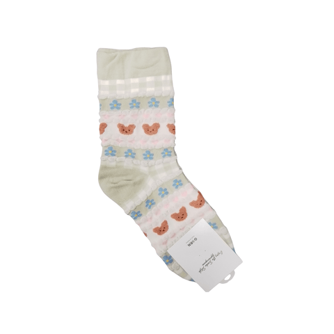 Enjoy the socks style Adult Crew Socks - Bear and flower (Green) - Mu Shop