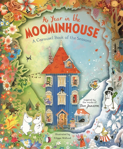 A Year in the Moominhouse carousel book cover featuring the Moominhouse through the seasons