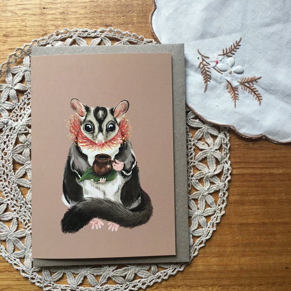 Greeting Card - Sugar Glider Teatime. Lovely illustration - Mu Shop