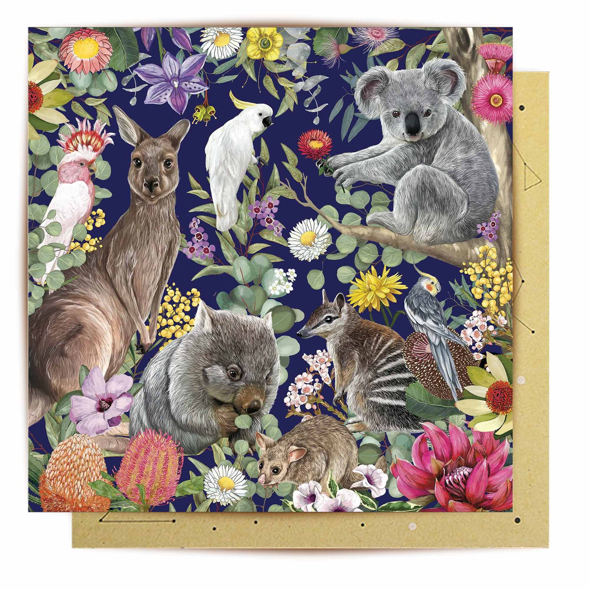 Wonders Of Australia greeting card with native Australian animals and flowers