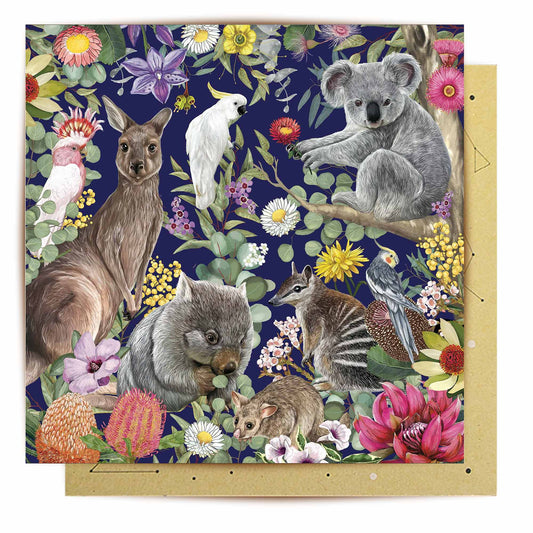 Wonders Of Australia greeting card with native Australian animals and flowers