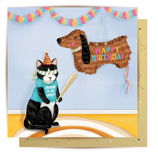 Cat and dog pinata birthday greeting card artwork