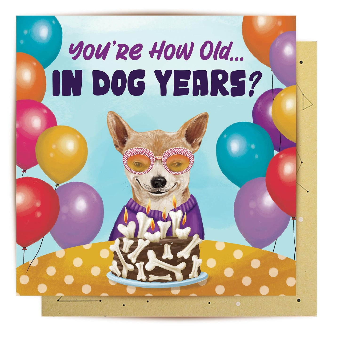 Dog Years birthday greeting card with dog balloons and cake artwork