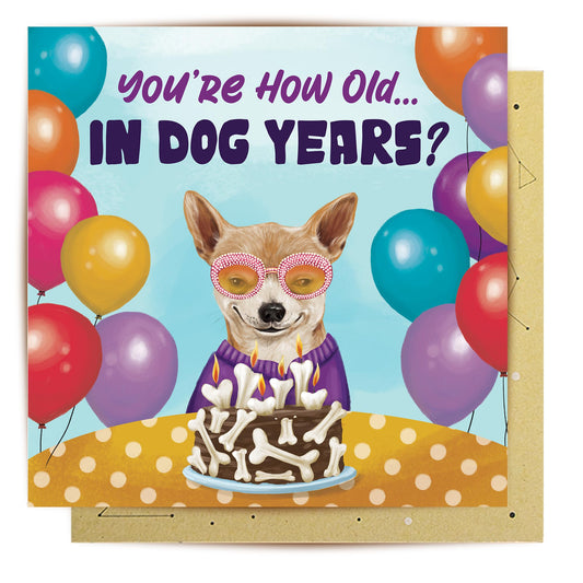 Dog Years birthday greeting card with dog balloons and cake artwork