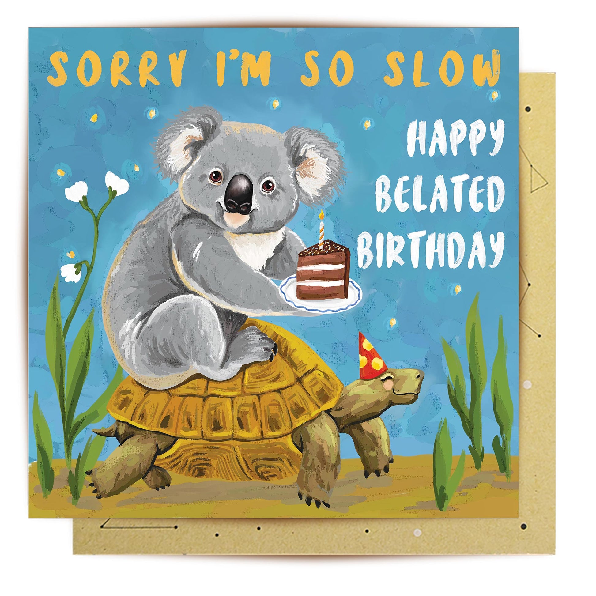 Happy Belated Birthday greeting card with koala and tortoise artwork