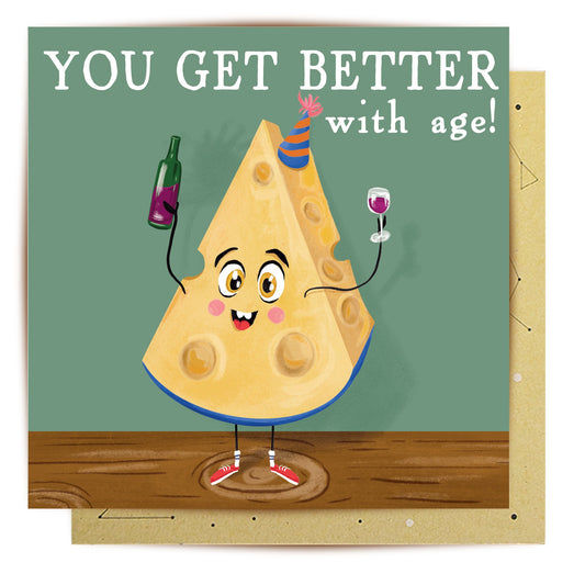 Aged Cheese birthday greeting card with cheese and wine artwork