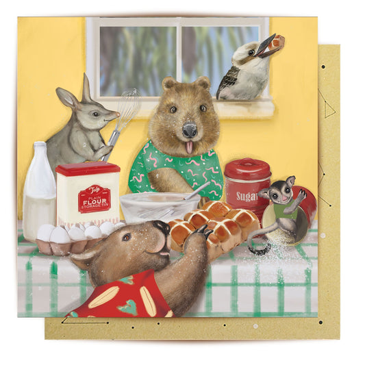 Easter Baking greeting card with Australian animals making hot cross buns