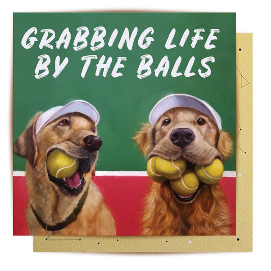 By The Balls greeting card with two dogs carrying tennis balls
