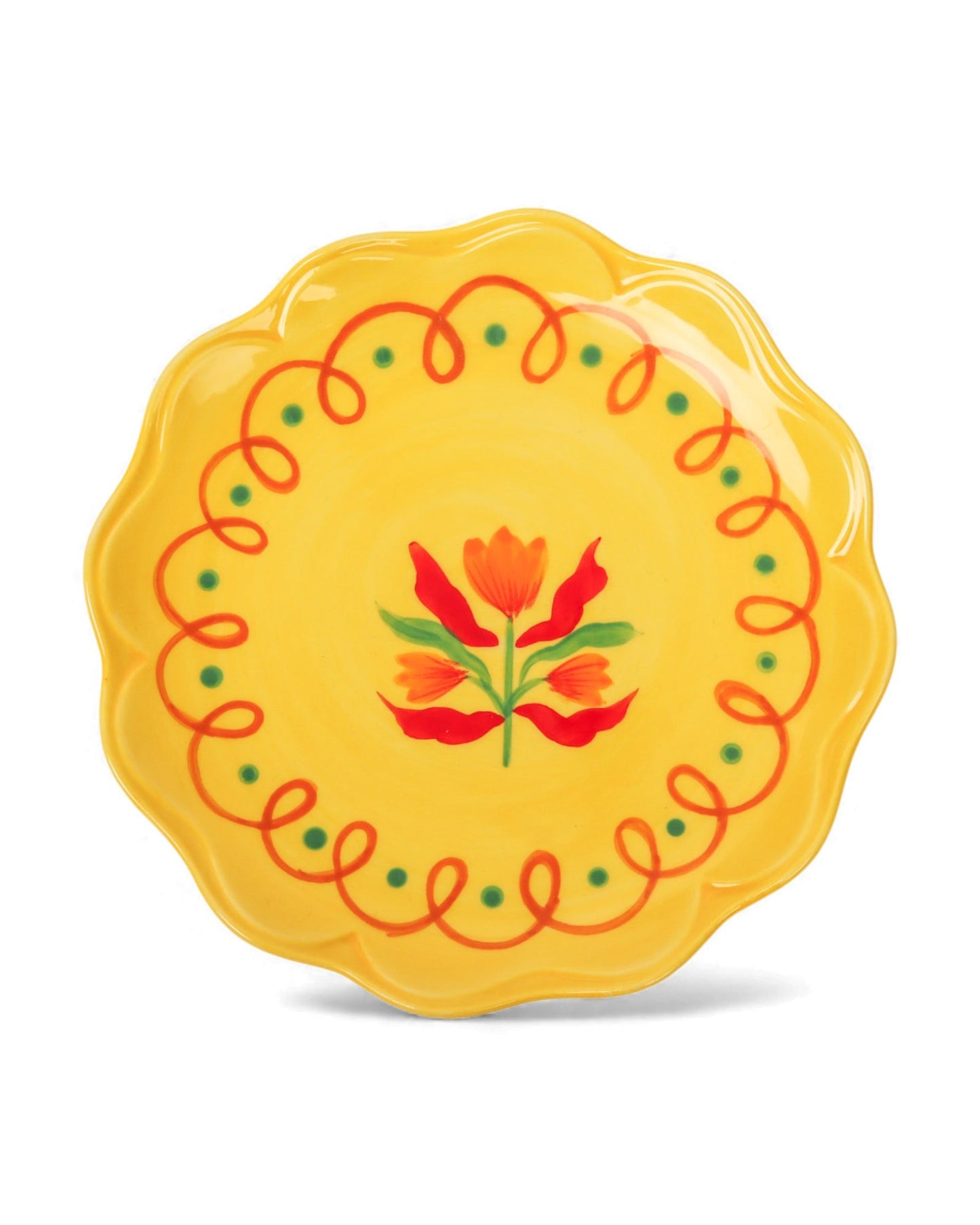 Retro Folk yellow scalloped stoneware plate with floral artwork