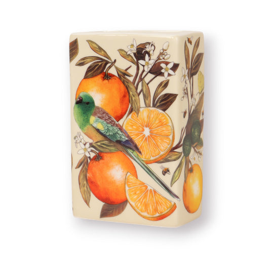 Golden Hour small vase with orange, native bird and botanical artwork