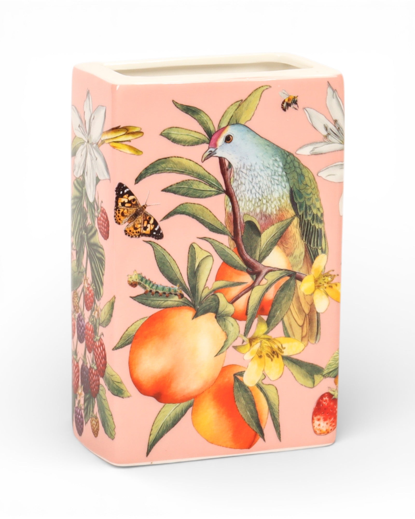 Bountiful Harvest small vase with colourful fruit, bird and botanical artwork