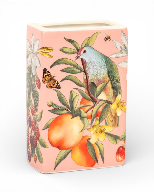 Bountiful Harvest small vase with colourful fruit, bird and botanical artwork