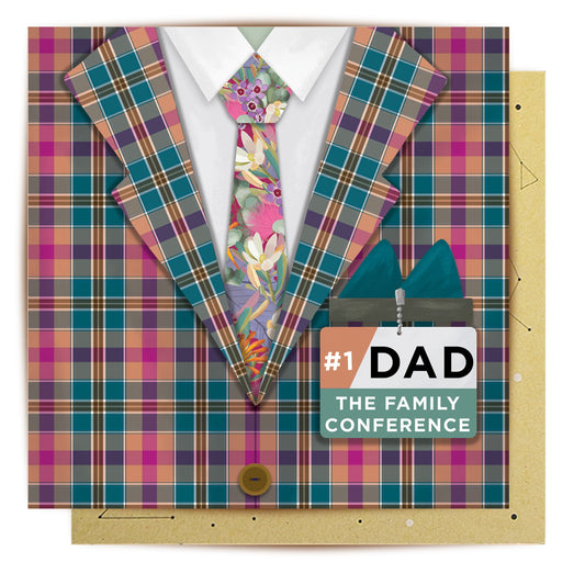 Father Suit greeting card with plaid suit and number one dad badge