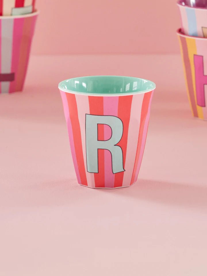 Melamine Cup with letter R Stripes Pink - Medium - Mu Shop