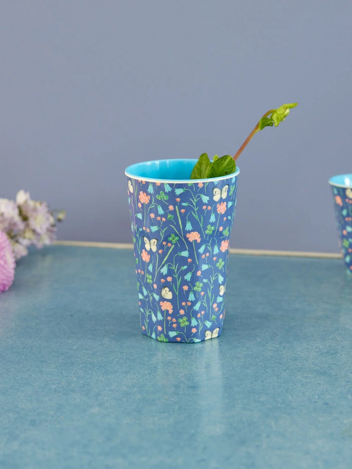 Navy Blue Butterfly Field Print - Tall Melamine Cup - Mu Shop