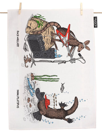 Rock Wallaby & Diving Platypus Tea Towel - Mu Shop