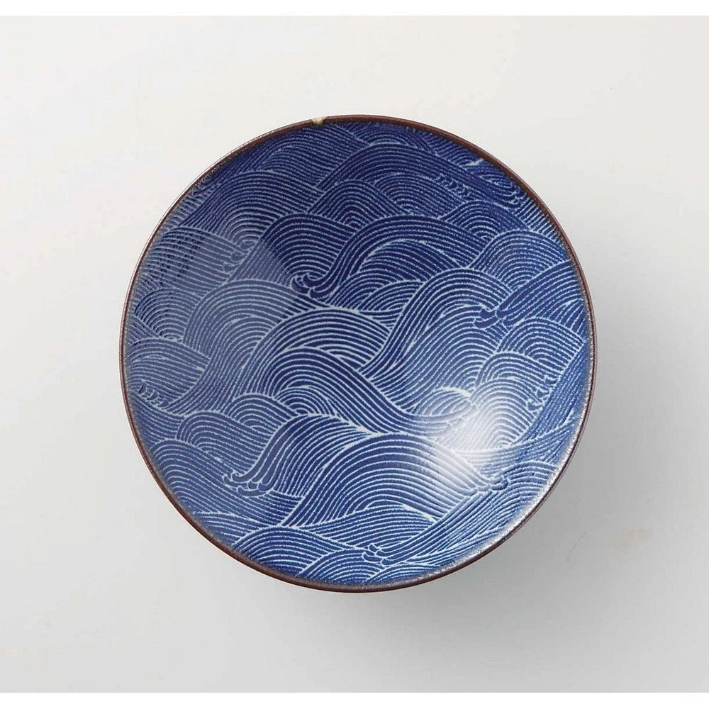 Top view of Ohuke Nami large bowl showing concentric blue wave design