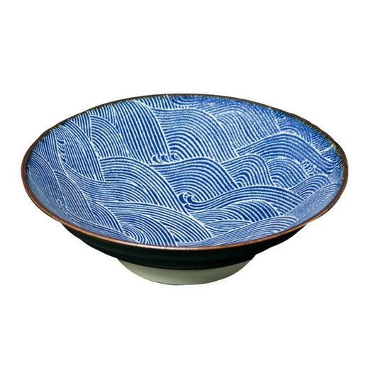 Ohuke Nami large Japanese ceramic bowl with repeating blue wave pattern