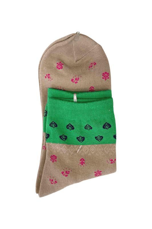 Adult Crew Socks - Light Brown and Green - Mu Shop