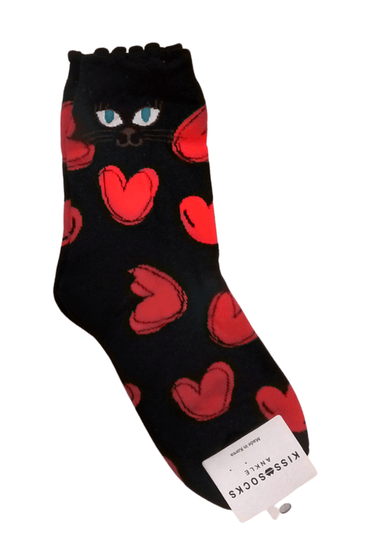 Cat and Hearts Adult Crew Socks - Black - Mu Shop