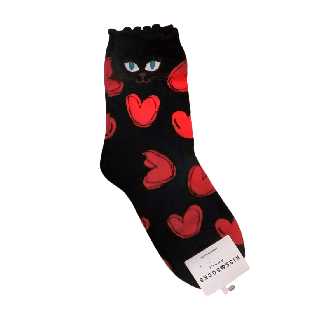 Cat and Hearts Adult Crew Socks - Black - Mu Shop
