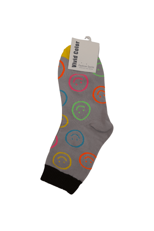 Colourful Smiling Face Adult Crew Socks - Grey - Mu Shop