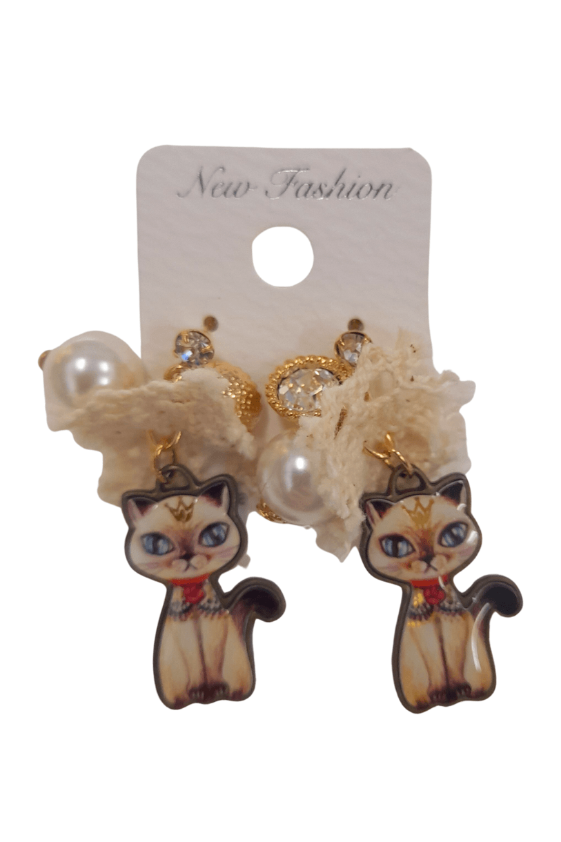 Cute Cat With White Lace Earring - Mu Shop