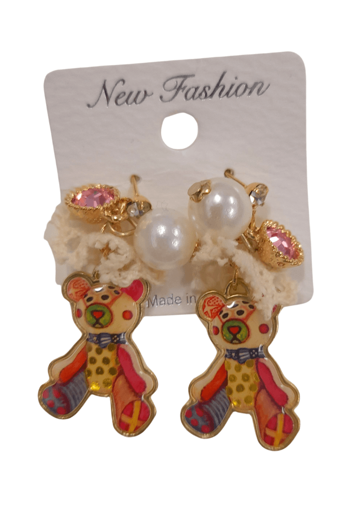 Cute Colourful Bear With White Lace Earring - Mu Shop