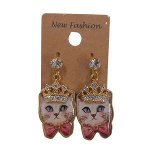 Cute Crown Cat with Pink Bow Earring - Mu Shop