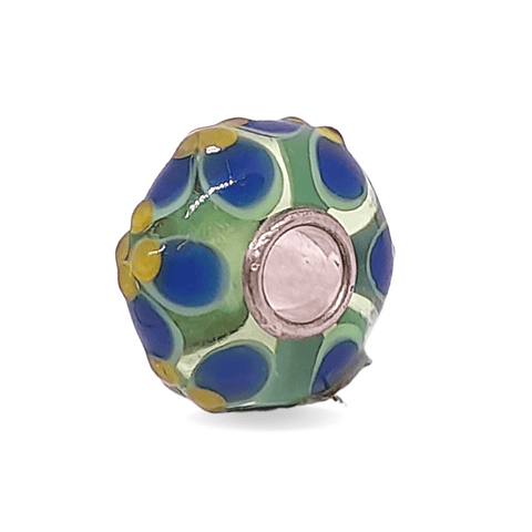 Green Glass Bead with Blue Floral Universal Unique Bead #1548 - Mu Shop
