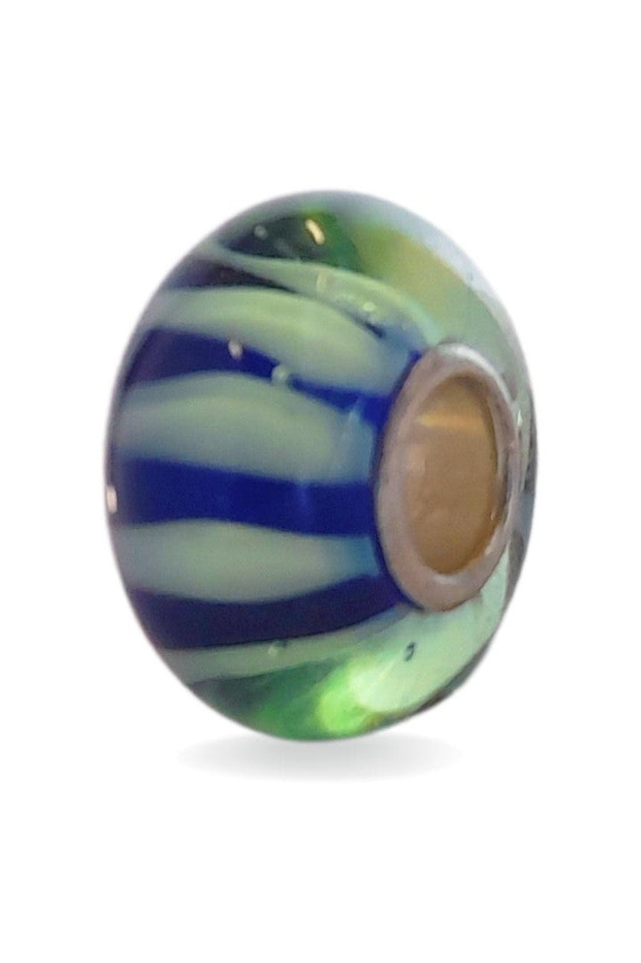 Green Glass Bead with Blue Stripes Universal Unique Bead #1546 - Mu Shop