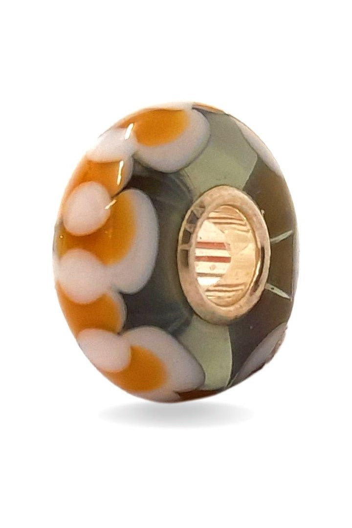 Grey Glass Bead with Orange Floral Universal Unique Bead #1531 - Mu Shop