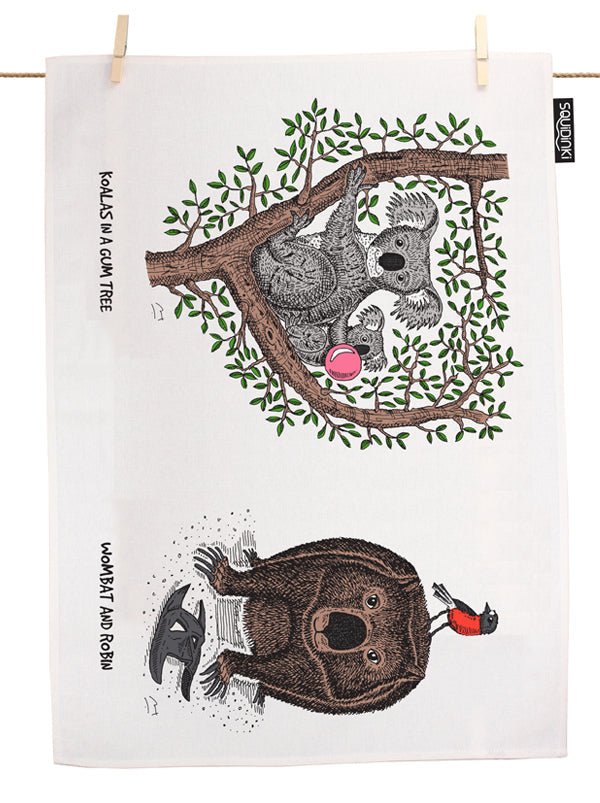 Koalas in a Gum Tree, Wombat & Robin Tea Towel - Mu Shop