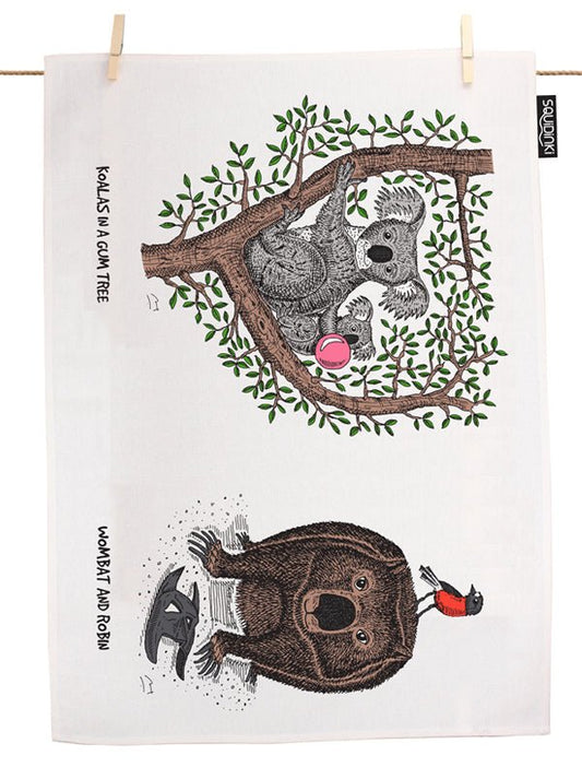 Koalas in a Gum Tree, Wombat & Robin Tea Towel - Mu Shop