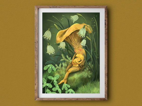 Print - Mushroom Snuggles. Sweet illustration, wall art (A3) - Mu Shop