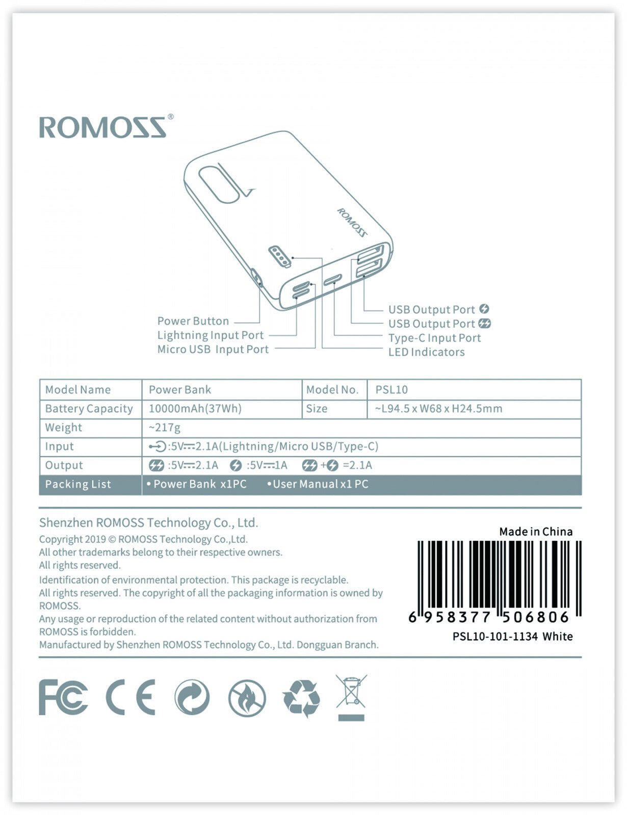 Romoss Power Bank Simple 10000 mAh - Mu Shop