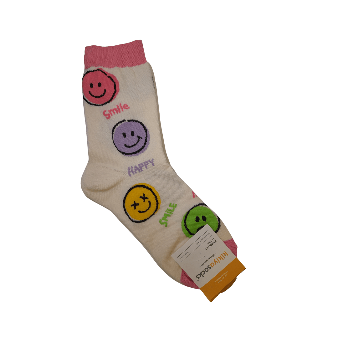 Smiling face Adult Crew Socks -Pink and White - Mu Shop